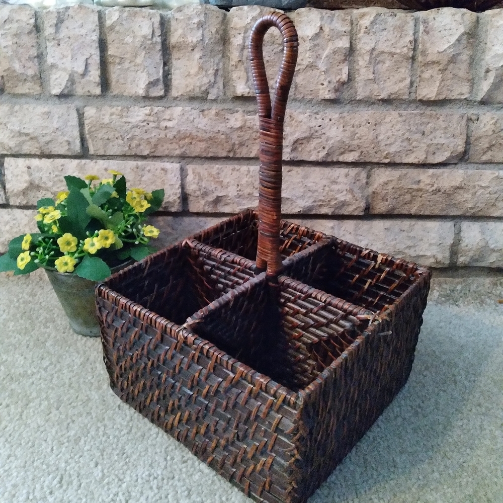 Vintage wicker Rattan silverware basket deep carry for flatware, Rattan bottle